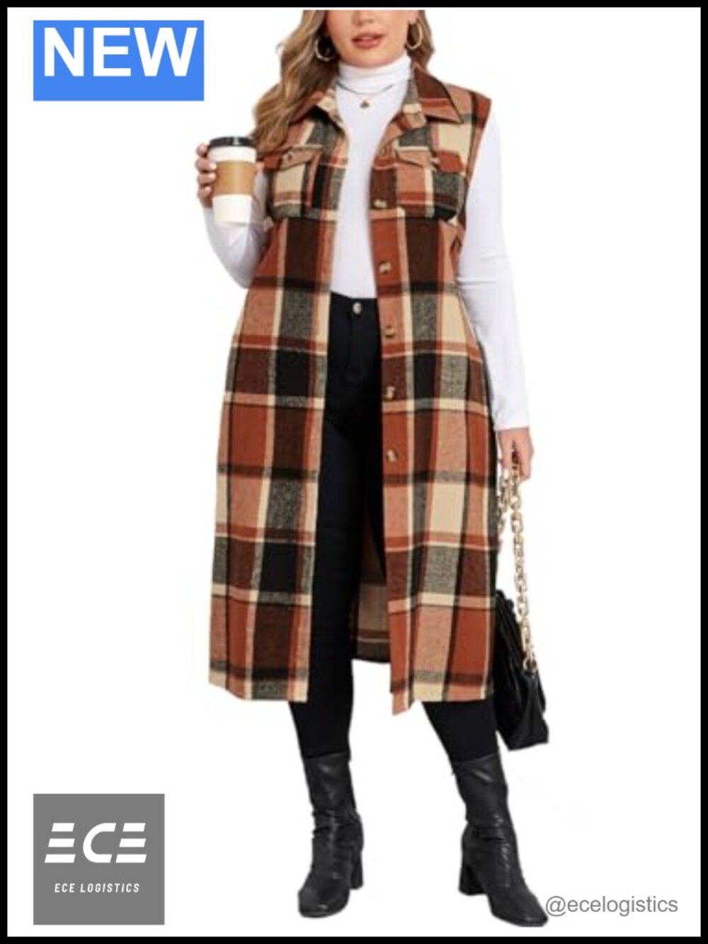 Plus Size Flannel Plaid Long Midi Vest with Pockets Button Down Sleeveless